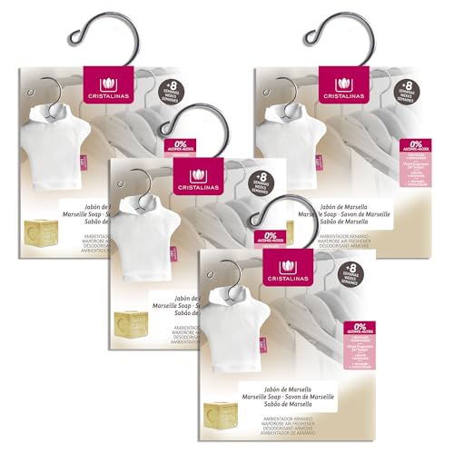 CRISTALINAS | Pack 4 Ambientador Percha para Armario | Cerámica Sólida | Larga Duración 8 Semanas | 0% Alcohol (PACK 4, Jabón de Marsella)