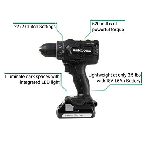 Metabo Hpt Ds18Dbfl2Qb 18V Cordless Driver Drill, 1.5 Ah Lithium Ion Battery, Led Light, Brushless, Lifetime Tool Warranty, Black Design #TOP1