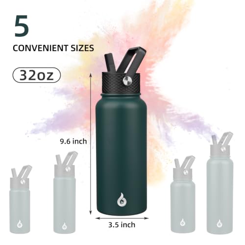 Image of BJPKPK Insulated Water Bottles with Straw Lid, 32oz Metal Large Water Bottle with 3 Lids, Reusable Leak Proof BPA Free Thermo, Stainless Steel Tumblers for Sports, Gym, Travel-Army Green