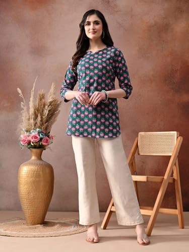 Image of Amazon Brand - Tavasya Women Pure Cotton Katha Plain Short Regular Fit Kurti |Short Top| Solid Casual Tunic
