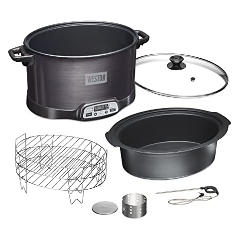 WESTON BRANDS 2-in-1 Indoor Electric Smoker & Programmable Slow Cooker, 6 Quart, With 3-Tier Smoking Rack for Meat, Cheese and More, Dishwasher Safe Crock, Temperature Probe, Black (03-2500-W) Cover