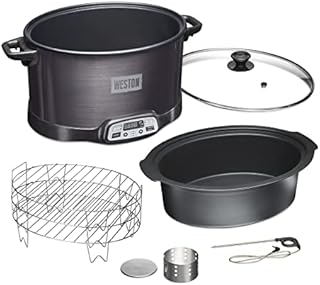 WESTON BRANDS 2-in-1 Indoor Electric Smoker & Programmable Slow Cooker, 6 Quart, With 3-Tier Smoking Rack for Meat, Cheese and More, Dishwasher Safe Crock, Temperature Probe, Black (03-2500-W)