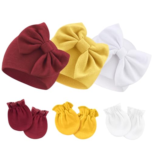 Image of Newborn Baby Hats and Mittens Set Infant Bow Beanie Cap Toddler Gloves Newborn Hospital Hats for Baby Boy Girl Kid 0-6 Months