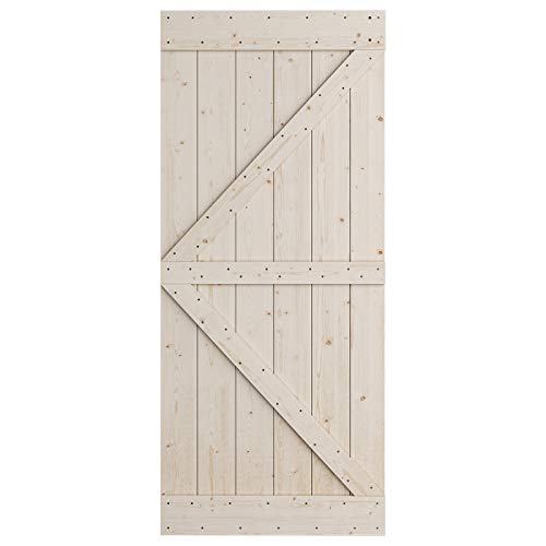 SmartStandard 36in x 84in Sliding Barn Wood Door Pre-Drilled Ready to Assemble, DIY Unfinished Solid Hemlock Wood Panelled Slab, Interior Single Door, Natural, Frameless K-Shape (Fit 6FT-6.6FT Rail)