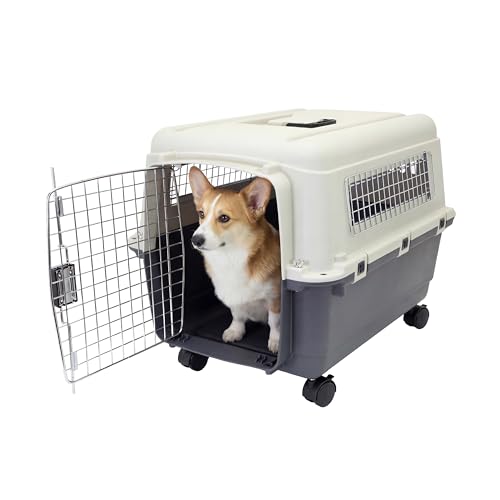 SportPet Airline Compliant MEDIUM 24.25' Travel Dog Kennel-Durable Plastic Airline Pet Carrier w/Removable Wheels & Food Bowls, Collapsible Indoor/Outdoor Dog Kennel, Dogs up to 23'L & 15'H-Cream/Gray