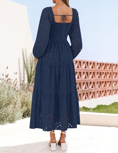 ZESICA Women's Fall Long Sleeve Maxi Dresses 2025 Square Neck Hollow Out Eyelet Smocked A Line Boho Wedding Guset Dress3
