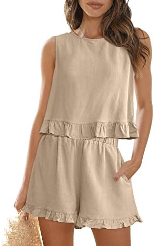 AUTOMET Womens 2 Piece Outfits Summer Sets Sleeveless High Neck Ruffle Crop Tops and High Waisted Shorts with Pockets