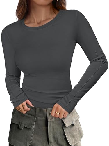 ANRABESS Womens Long Sleeve Shirts Crew Neck Fitted Knit Casual T-Shirt Going Out Tops Basic Tees Fall Fashion Outfits 2025 Deep Grey M