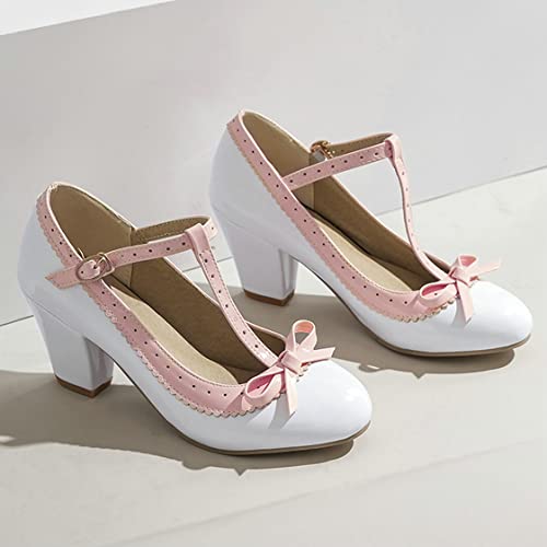 UniqueStride Womens T Strap Mary Janes Chunky High Heels Pumps Closed Round Toe Buckle Bow Vintage Patent Shoes4