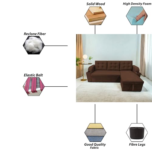 Image of Casaliving Grance RHS 4 Seater Corner Sofa Cum Bed for Living Room with Storage (Brown Fabric) Premium Fabric Sofa