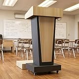 Tredre Wooden Podium Stand with Lockable Wheels & 4”Elevated Footrest, Portable Lectern & Podium with Large Storage, Modern Pulpit for Church, School, Office and Conference