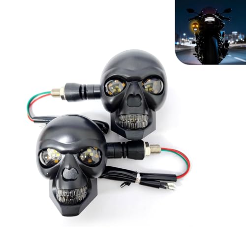 XIZAKEE 2 PCS LED Motorcycle Turn Signal Lights, Skull Head Turn Signal Indicator Lights, Dual-color White/Yellow LED Blinker/Warning Laight, 10mm Screw Replacement for Most Motorcycles (Black)