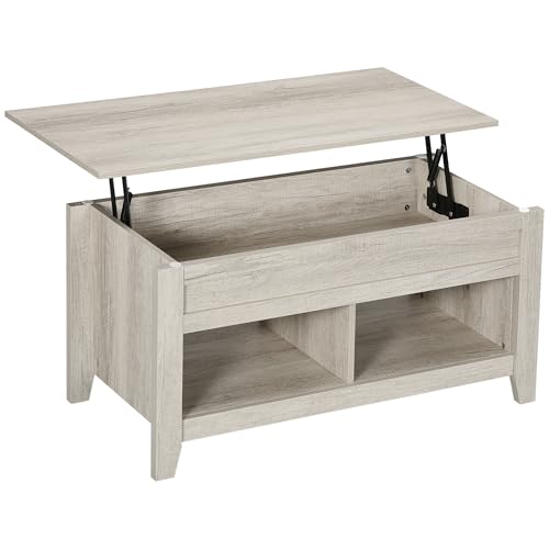 HOMCOM Lift Top Coffee Table w/Hidden Storage Compartment Open Shelves Lift Tabletop Pop Up Centre Table for Living Room Oak Effect