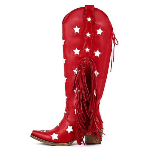 Image of richealnini Western Thigh High Cowboy Boots with Fringe Over Knee Wide Calf Cowgirl Boots