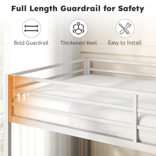 Zevemomo Twin Over Twin Bunk Bed, Metal Low Profile Bunkbeds with Full-Length Protect and Ladder, Space Saving, No Boxing Spring Needed, White - Thumbnail 3