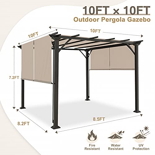 Eagle Peak 10X10 Outdoor Gazebo Pergola With Retractable Sun Shade Top For Patio, Garden, Backyard, Steel Frame, Beige #TOP3