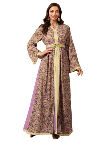 Image of Abaya for Women Floral Embroidered Muslim Dress V-Neck Arabian Maxi Robe