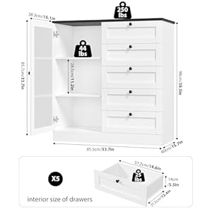Hostack 5 drawer dresser with door white storage cabinet with drawers and shelves wide wood dresser modern chest of drawers organizers for living room kitchen hallway  urban country home decor