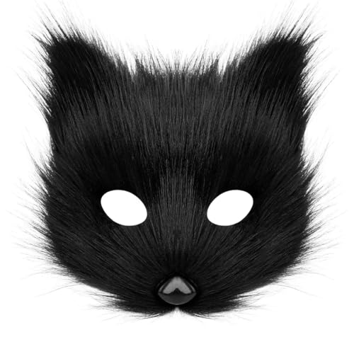 EIH1 Maschera da volpe per Halloween, feste, cosplay, travestimenti, peluche, mezza faccia, carnevale, Natale（Nero）