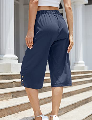 Women's Casual Cotton Pants Elastic Drawstring Capri Trousers Lightweight High Waisted Wide Leg Baggy Slacks3