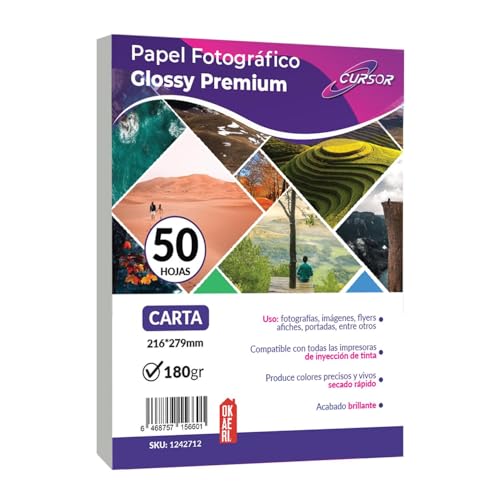 Catálogo para Comprar On-line Papel de grabado los 5 mejores. 41 CURSOR Papel Fotográfico Glossy 180g Carta | 50 Hojas, Una Cara Brillante, Compatible Inkjet y Láser - Fotos, Documentos Profesional (10)
