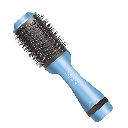 Adagio California Blowout Brush in Baby Blue: 2-in-1 Hot Air Brush Styler and Dryer - Negative Ion Round Brush - Hair Dryer Brush with Straightener Function - Hair Styling Tools for Women