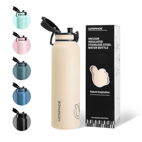UZSPACE Edelstahl Trinkflasche 1l (970ml) Isolierte Thermosflasche mit 1-Klick-Öffnung 100% Auslaufsicher Sport Wasserflasche für Wandern Sport Fitness Gym Outdoor Cremeweiß