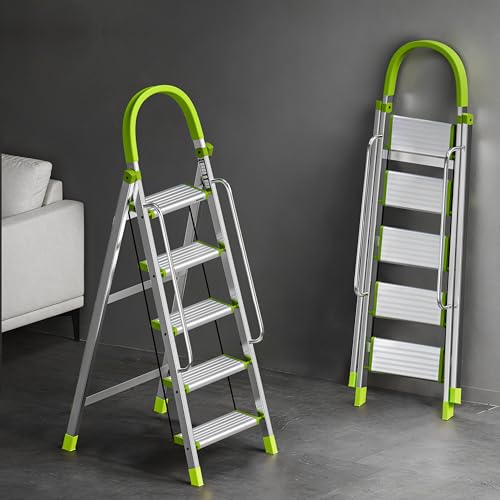 Image of BUILDSKILL Aluminium Ladder for Home 5 Steps | 34x16cm Wide Anti-Slip Aluminium Steps | Stainless Steel Body | Handrails | Load 150 Kg | Foldable Lightweight 5.35KG Ladder for Kitchen, Office & Home