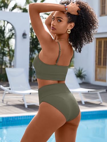 Image of ANRABESS Women's High Waisted Bikini Sets,Color Block 2 Piece Swimsuits,Tummy Control Bathing Suits,Thick Ribbed Beach Wear