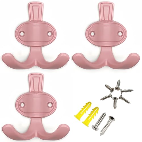 Pink Coat Hook Kids Wall Hooks Backpack Rack Hook Cute Double Hooks for Hanging Towel Key in Childrens Room Nursery Decorative Metal Wall Mounted 3 Pack Pink