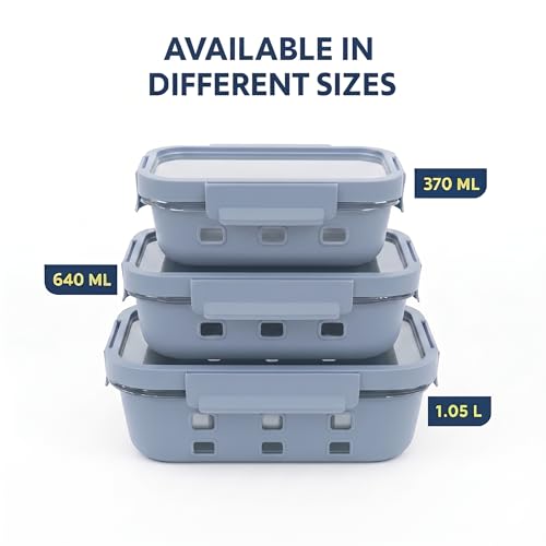 Image of Griplok Glass Lunch Box with Leakproof Lid, Borosilicate Food Storage Container with Silicone Sleeve, Airtight, Microwave /Dishwasher Safe (Glacier Blue, 2x370ml + 1x640ml + 1x1050ml)