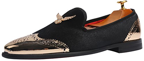 ELANROMAN Loafers Men Dress Velvet Shoes of Gold Copper Metal Eagle Oxford Buckle Penny Slippers Wedding Party Prom Shoes Black US 9.5 EUR 43 Feet Lenght 290mm