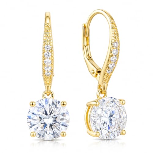 WORFRIL 14K Gold Dangle Earrings for Women 25mm Leverback Drop Earrings with 7mm Round Cubic Zirconia Hypoallergenic Jewelry for Women