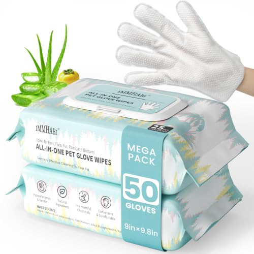 IMMHABI 50 Count Cleaning Deodorizing Pet Glove Wipes for Dogs & Cats Hypoallergenic Dog Bath Wipes with Natural Deodorizer Persimmon Tannin Pet Bathing Wipes for Horse Coat Care Unscented