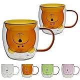 二層耐熱ガラス クマ コップ&カップ2個セット 250ml ダブルウォールグラス かわいい 2層構造 耐熱 保温 保冷 電子レンジ対応 食洗機対応 ダブルグラス 二重構造 マグ コップ アニマル 熊 (茶色, マグカップタイプ)