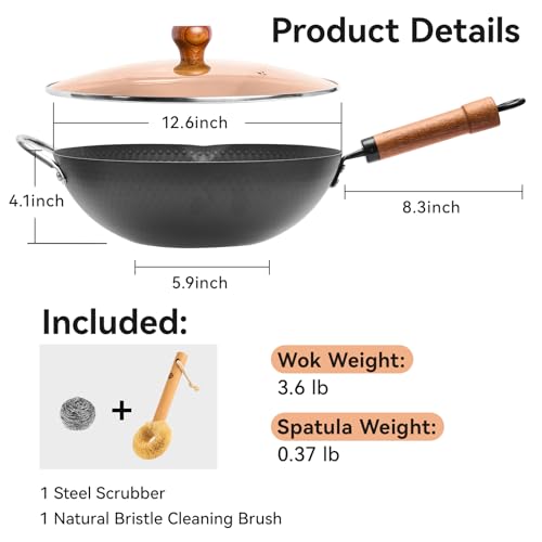 Image of WANGYUANJI Carbon Steel Wok Pan, 12.6 Inch Flat Bottom Stir Fry Pan with Lid, Uncoated Heavy Duty Iron Wok for Induction and Gas Stoves
