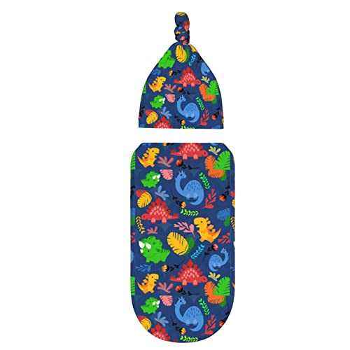 Image of Cartoon Dinosaur Newborn Swaddle Blankets with Hat Sets Newborn Receiving Blanket for Boy Girl Swaddle Sack Shower Infant Gift