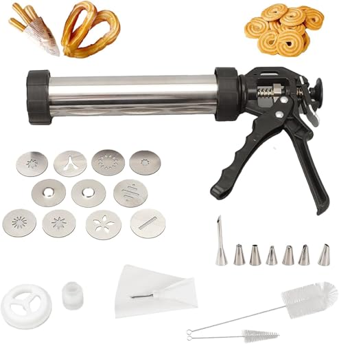 Churro Maker Machine: pistola de acero inoxidable 304 para churros y galletas, prensa de galletas multifuncional 3 en 1 con 1 disco de churro hueco, 4 discos de chorro, 6 discos de galletas y 7