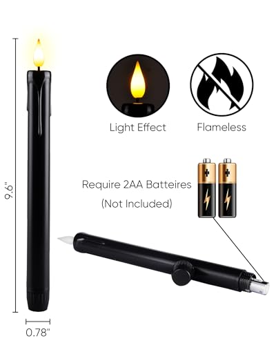 Image of Homemory Black Flameless Taper Candles Flickering, NO Remote, 9.6 Inches Battery Operated, 6 Pcs Realistic Electric LED Candlesticks Made of Plastic for Halloween Party Home Decor