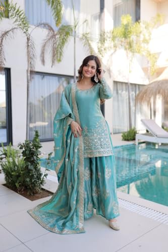Image of Women's Embroidered Kurta Sharara Set with Dupatta | Designer Indian Ethnic Suit | Festive, Wedding, Engagement & Party Outfit for Women