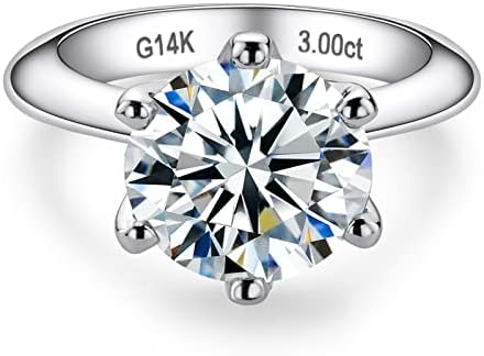 Solid 14k White Gold 3cttw Six Prong Solitaire Moissanite Ring, 14K Real Gold Gift for Wedding, Engagement And Anniversary Promise Rings With Certificate