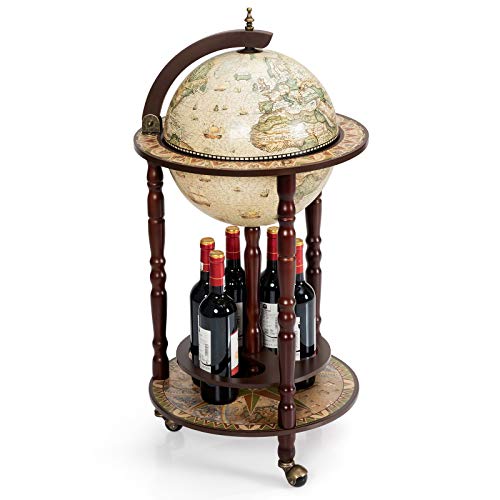 Moccha 17’’ Globe Wood Wine Bar Stand, 16th Century Italian Replica Liquor Bottle Shelf w/Wheels, Wood Wine Cart Cabinet, Globe Wine Organizer for Spirits, Beverages Stemware (Creamy White)