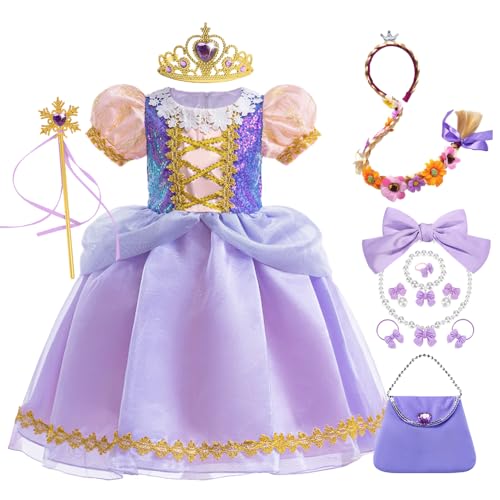 YOSICIL Niña Disfraz de Princesa Rapunzel Vestido de Princesa Sofía Reyes Lentejuela Costume para Carnaval con Accesorios Navidad Cumpleaños Manga Abullonada Tutú Cuento de Hadas,Morado,130