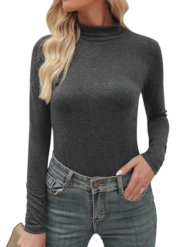 Image of Aottori Womens Long Sleeve Base Layer Tops Ladies Turtle Neck Thermal Underwear Lightweight Slim Fit Cotton Jumpers Basic Pullover Top Dark Grey XS