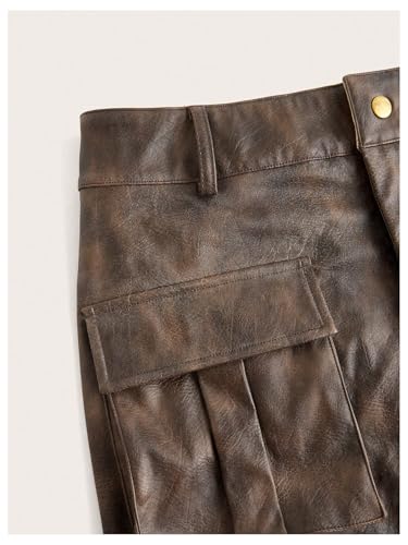 MakeMeChic Women's Faux Leather Cargo Skirt Mid Waist Flap Pocket Y2k Mini Skirts3