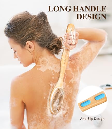 POPCHOSE Shower Brush with Soft and Stiff Bristles, Dual-Sided Long Handle Back Scrubber Bath Brush Body Exfoliator for Wet or Dry Brushing, Dry Brushing Body Brush for Men Women