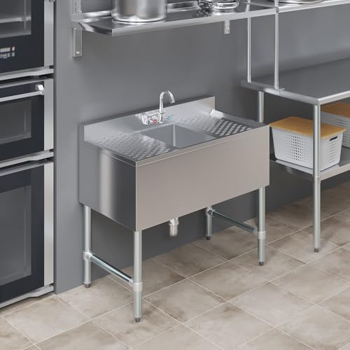 Image of AmGood One Compartment Stainless Steel Under bar Sink (Sink Size: 36 inchx19 inch, Single Bowl + 2 Drainboards)