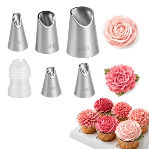 6 Pcs Cake Decorating Tips Rose Flower Piping Tips Set with Coupler 304 Stainless Steel Icing Nozzles for Buttercream Frosting Cookie Pastry Dessert Baking for Home Bakers (79/80/81/402/402L)
