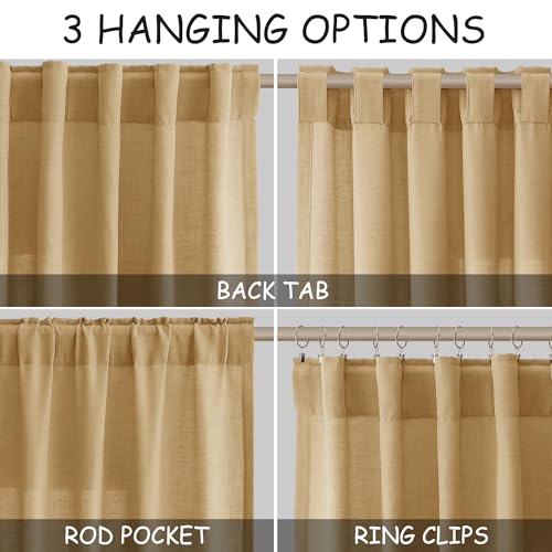 Image of Extra Long Gold Yellow Linen Curtains 120 Inch for Living Room 2 Panels Set Rod Pocket Back Tab Linen Window Drapes Semi Sheer Light Filtering Privacy High Ceiling Drapes for Farmhouse 52x120