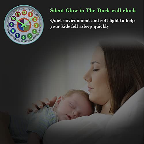Dorboker Learning Clock For Kids, Glow In The Dark Wall Clock For Bedroom, 12 Inch Silent Night Light Kids Wall Clock, Colorful Illuminated Telling Time Teaching Clock,Kids Room Decor (Ice Blue) #TOP1